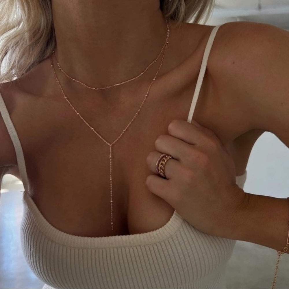 Gold 14k Gold Plated Beaded Layered Necklace | Elegant Lariat Jewelry
